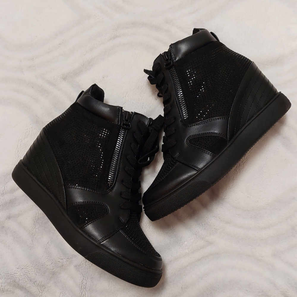 Wedged Black Rhinestone Tennis Shoes